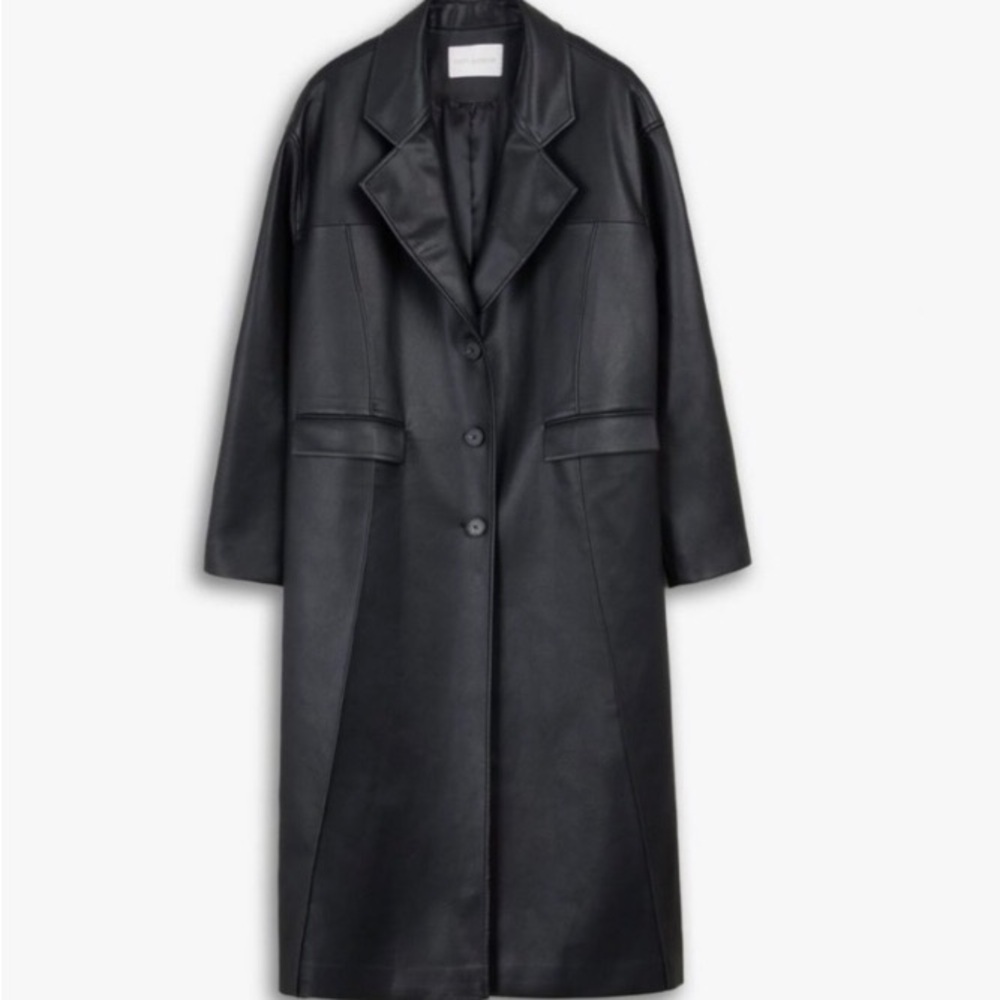 DEPT ANONYM VEGAN LEATHER LONG BLACK COAT BUTTON  WOMENS SMALL